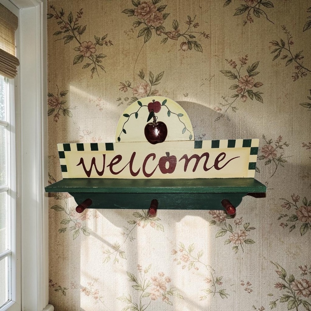 Vintage Country Apple Welcome Wall‎ Shelf Coat Key Rack 3 Peg Wooden Farmhouse